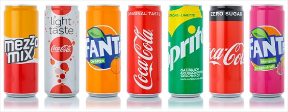 Coca Cola Coca-Cola products Fanta Sprite lemonade drinks in beverage can exempted isolated