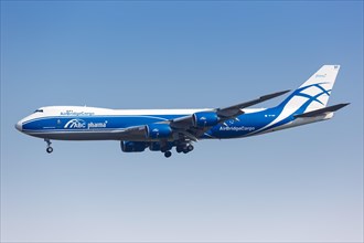 A Boeing 747-8F aircraft of Air Bridge Cargo with registration VP-BBP at Leipzig Halle Airport
