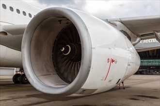 An Airbus A330-300 aircraft Rolls-Royce Trent RB211 engine of Swiss with registration HB-JHF at Zurich Airport