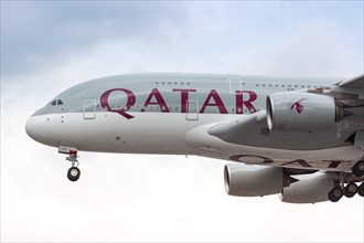 A Qatar Airways Airbus A380-800 with registration number A7-APJ at London Heathrow Airport