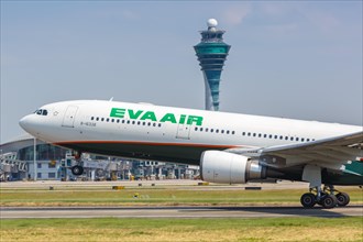 An Airbus A330-300 aircraft of EVA Air with registration number B-16338 at Guangzhou Airport