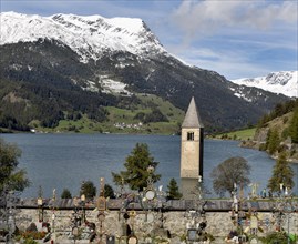 Tower of the parish church of St. Catherine in the Reschensee