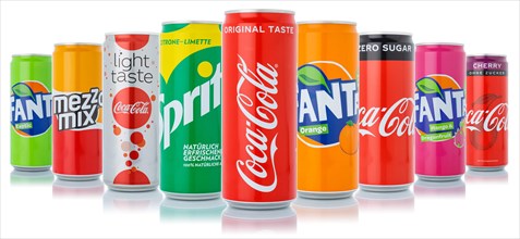 Coca Cola Coca-Cola products Fanta Sprite lemonade drinks in beverage can exempted isolated