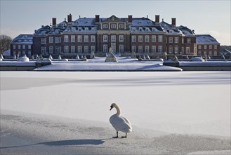 Nordkirchen Castle in winter with a mute swan on the ice