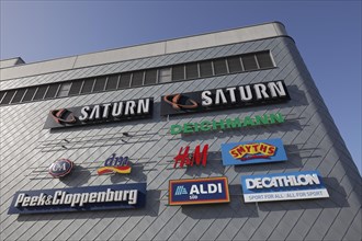 Facade with logos of retail stores