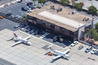 A Pilatus PC-12 aircraft of SurfAir with registration N817SA at Hawthorne Municipal Airport in Los Angeles