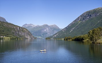 Rubber dinghy at lake Oppstrynsvatnet