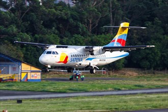 A Satena ATR 42-500 aircraft with registration HK-5104 lands at Medellin airport