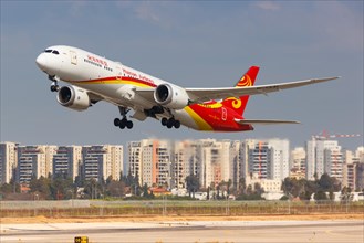 A Hainan Airlines Boeing 787-9 Dreamliner aircraft with registration number B-1341 takes off from Tel Aviv Airport