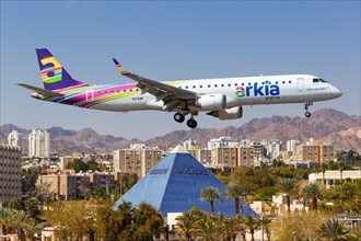 An Embraer 195 aircraft of Arkia with registration number 4X-EMF lands at Eilat Airport