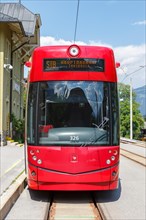 Portrait Stubaitalbahn Innsbruck tram Bombardier tramway local traffic at the stop Fulpmes