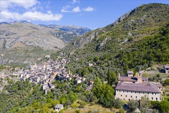 Aerial view of the mountain village of Saorge above the Roya valley on the road between Ventimiglia on the coast and the Col de Tende pass