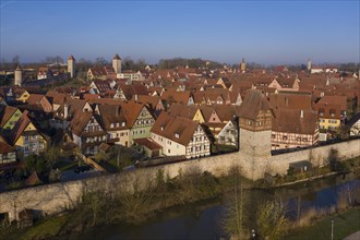 Aerial view of medieval town Dinkelsbuehl with town wall and Baeuerlinsturm