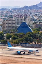 An Arkia Boeing 757-300 aircraft with registration number 4X-BAU at Eilat Airport