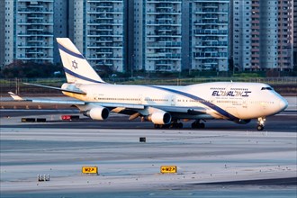 A Boeing 747-400 aircraft of El Al Israel Airlines with registration number 4X-ELA at Tel Aviv Airport