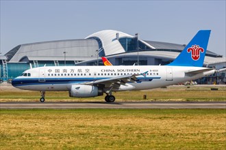 An Airbus A319 aircraft of China Southern Airlines with registration number B-6021 at Guangzhou airport