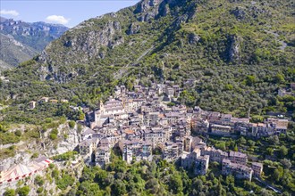 Aerial view of the mountain village of Saorge above the Roya valley on the road between Ventimiglia on the coast and the Col de Tende pass