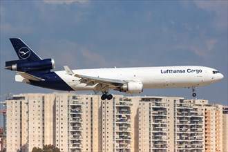 A McDonnell Douglas MD-11 aircraft of Lufthansa Cargo with the registration D-ALCB lands at Tel Aviv Airport