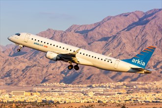 An Embraer 190 of Arkia with the registration number 4X-EMB takes off from Eilat Airport