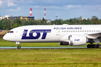 A Boeing 787-9 Dreamliner aircraft of LOT Polskie Linie Lotnicze with registration SP-LSE at Warsaw Airport