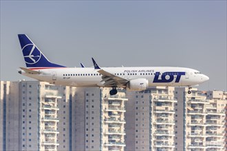A Boeing 737 MAX 8 aircraft of LOT Polish Airlines with registration SP-LVF at Tel Aviv Airport