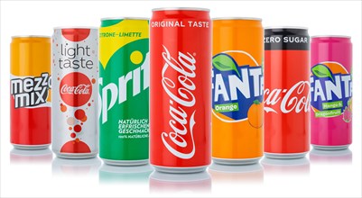 Coca Cola Coca-Cola products Fanta Sprite lemonade drinks in can exempted isolated in Germany