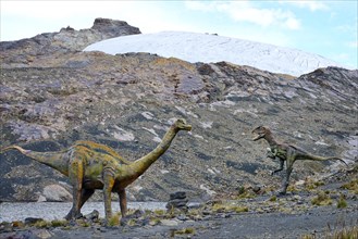 Life-size figure of a dinosaur at the highest site in the world