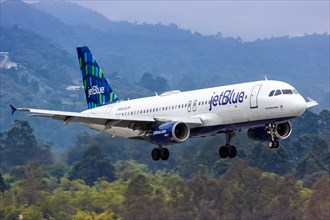 A JetBlue Airbus A320 aircraft with registration number N585JB lands at Medellin Rionegro Airport