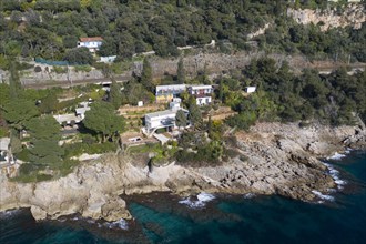 Aerial view rocky coast with the villa E-1027 by Eileen Gray and the Cabanon by Le Corbusier