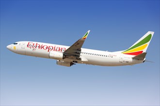 An Ethiopian Airlines Boeing 737-800 aircraft with registration number ET-AQP takes off from Tel Aviv Airport