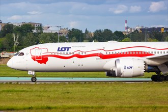 A Boeing 787-9 Dreamliner aircraft of LOT Polskie Linie Lotnicze with registration SP-LSC at Warsaw Airport