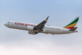 A Boeing 737 MAX 8 aircraft of Ethiopian Airlines with registration number ET-AVM takes off from Tel Aviv Airport