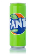 Fanta Exotic lemonade soft drink beverage in can cropped isolated against a white background in Germany