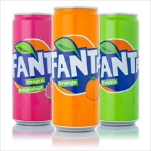Fanta lemonade soft drink drinks in cans cutout isolated against a white background in Germany