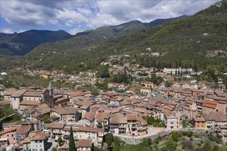 Aerial view of the mountain village of Sospel on the river Bevera at the edge of the Mercantour National Park