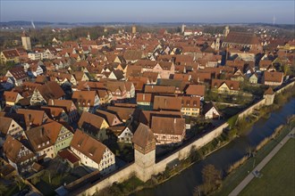 Aerial view medieval town Dinkelsbuehl with town wall and Baeuerlinsturm