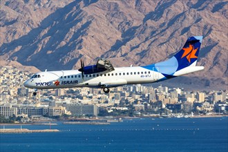 An Israir ATR 72-500 aircraft with registration number 4X-ATJ lands at Eilat Airport