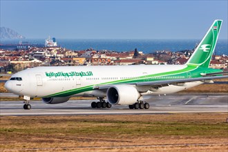 An Iraqi Airways Boeing 777-200LR with registration number YI-AQZ at Istanbul Airport