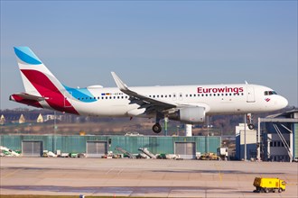 An Airbus A320 of Eurowings with the registration D-AEWQ lands at Stuttgart Airport