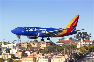 A Southwest Airlines Boeing 737-700 aircraft with registration number N761RR lands at San Diego airport