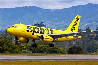 A Spirit Airbus A319 aircraft with registration N512NK lands at Medellin Rionegro Airport