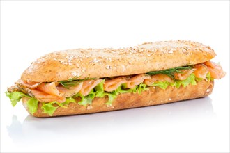 Baguette roll sandwich wholemeal topped with salmon fish fresh exempted exempted isolated