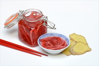 Pickled ginger in glass and peel