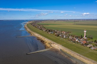Aerial view of the Elbe beach near Kollmar with lighthouse Steindeich