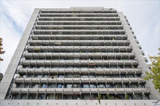 High-rise building with concrete balconies