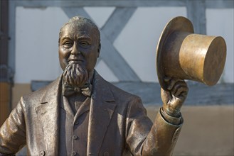 Detail of the bronze sculpture of Levi Strauss in front of his birthplace