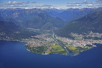 Maggia Delta with Ascona and Locarno with alpine chain at the end of Valle Maggia