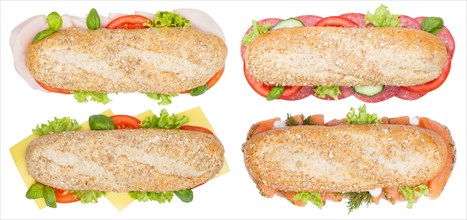 Roll Sandwich Collection Wholemeal Baguette Cheese Salami Ham Salmon Fish From Top cut out Isolated