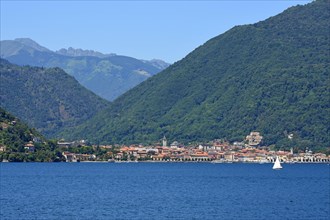 Cannobio on the shore of Lake Maggiore with wooded mountain slopes