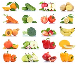 Fruit and vegetables fruits many apple tomatoes oranges pear colors cropped isolated against a white background